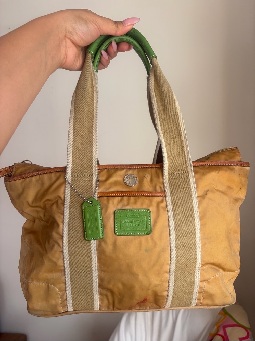 Coach Yellow Canvas Tote with Green Leather Accents